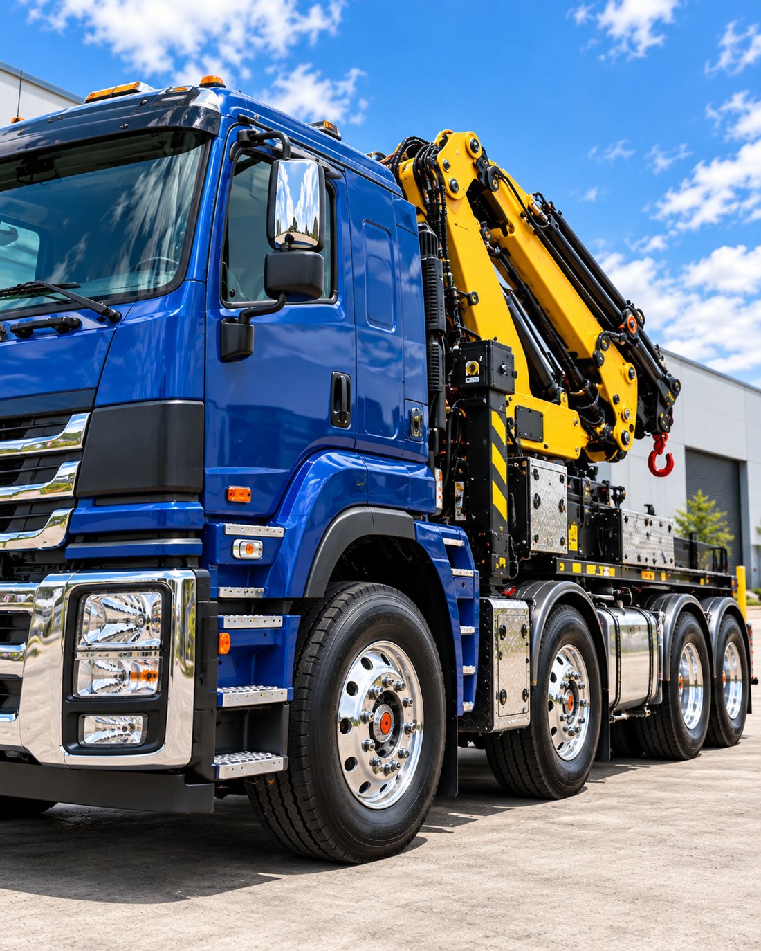 Blue crane truck in an industrial yard