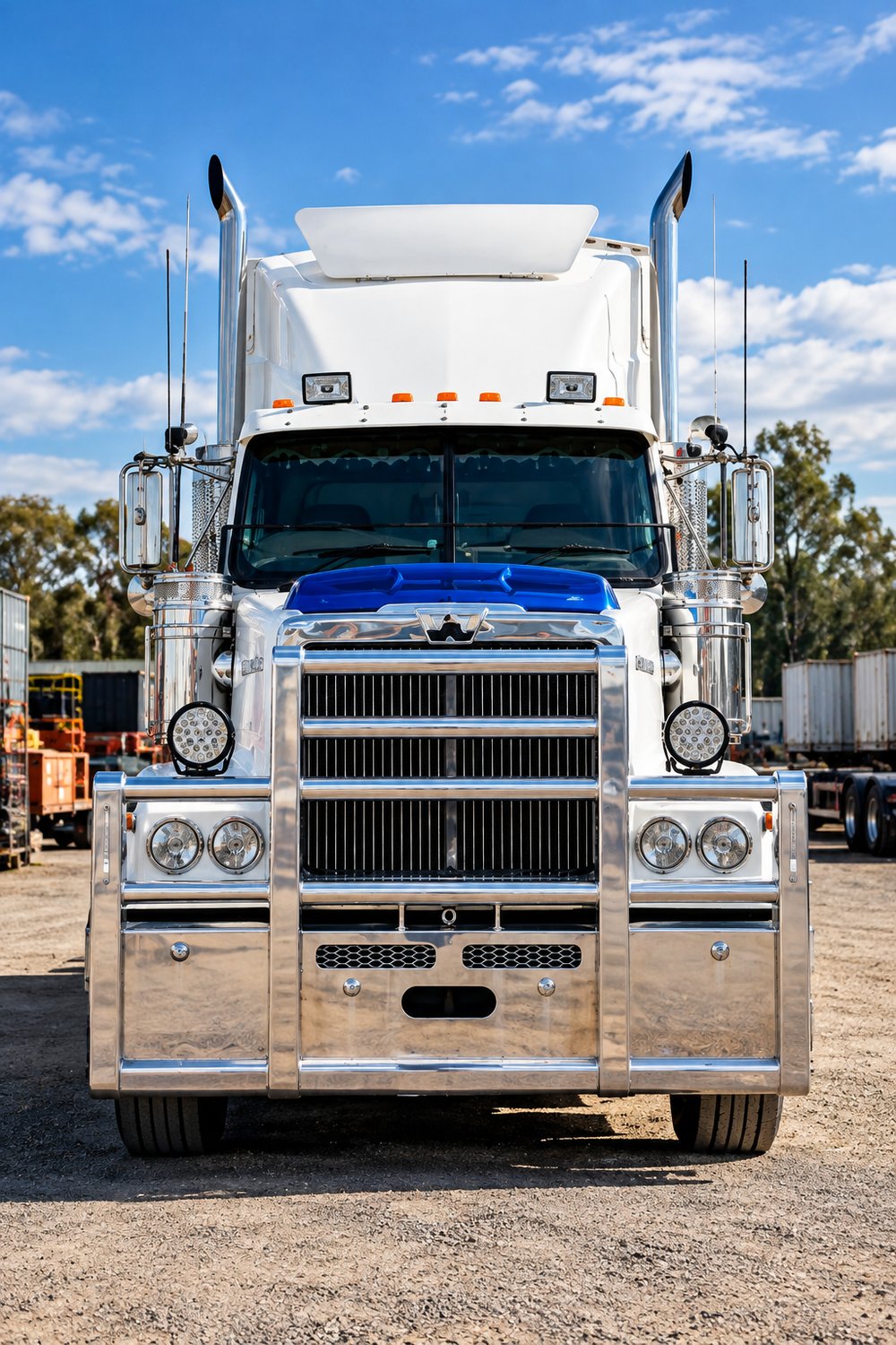 Chrome semi-truck in an industrial yard