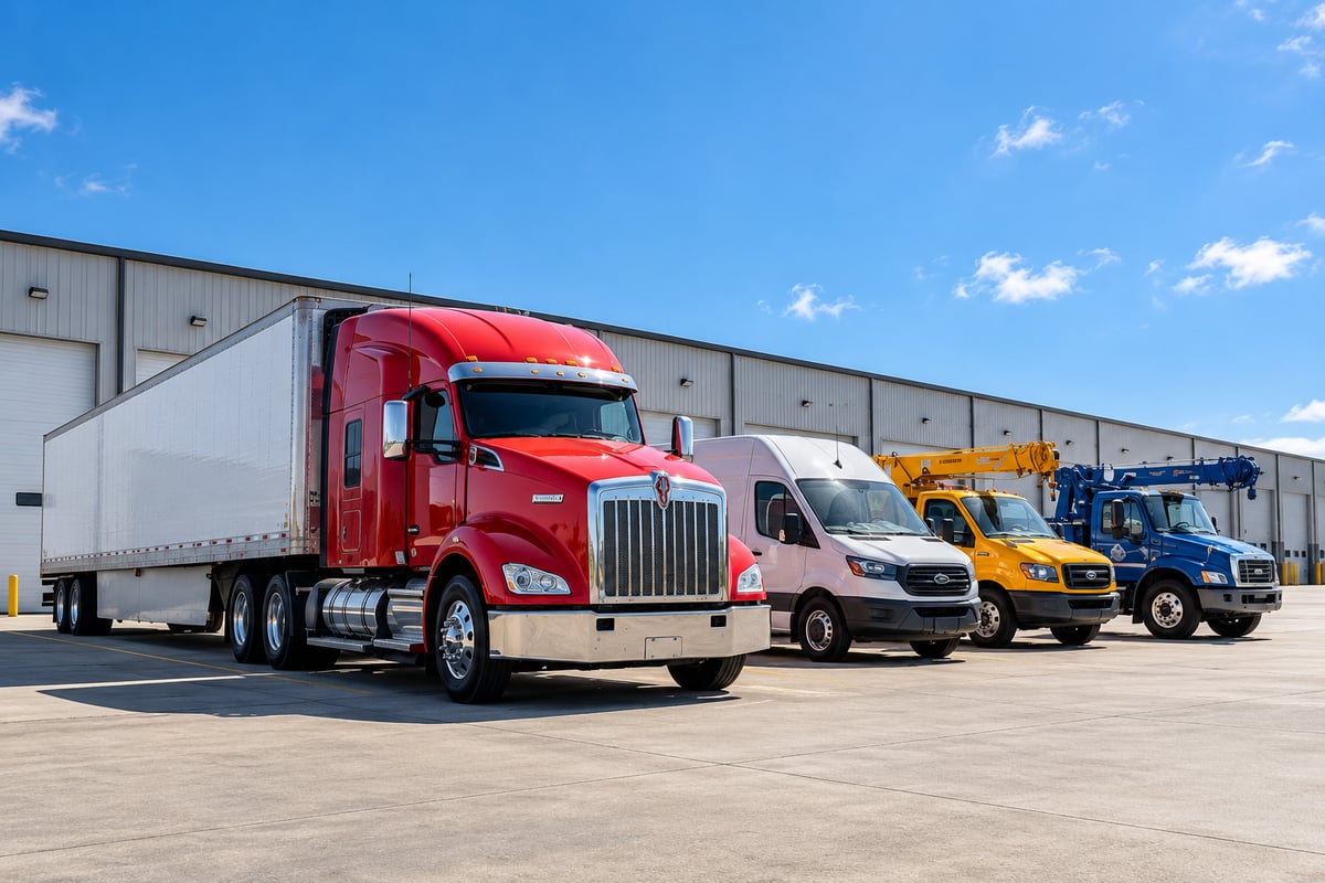 Commercial truck fleet parked at a warehouse