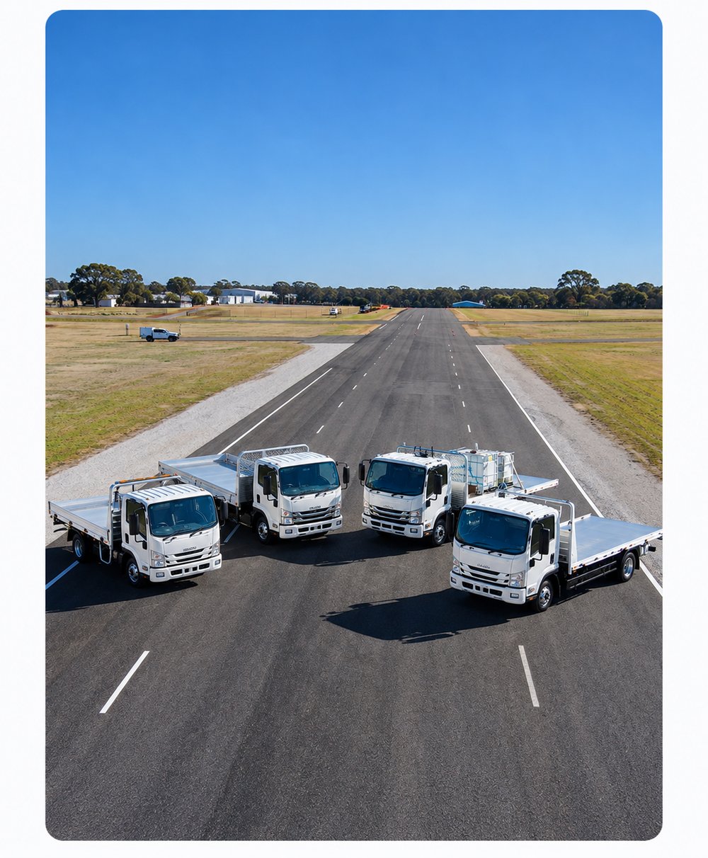 Four Isuzu N-Series light trucks with flat tray bodies lined up