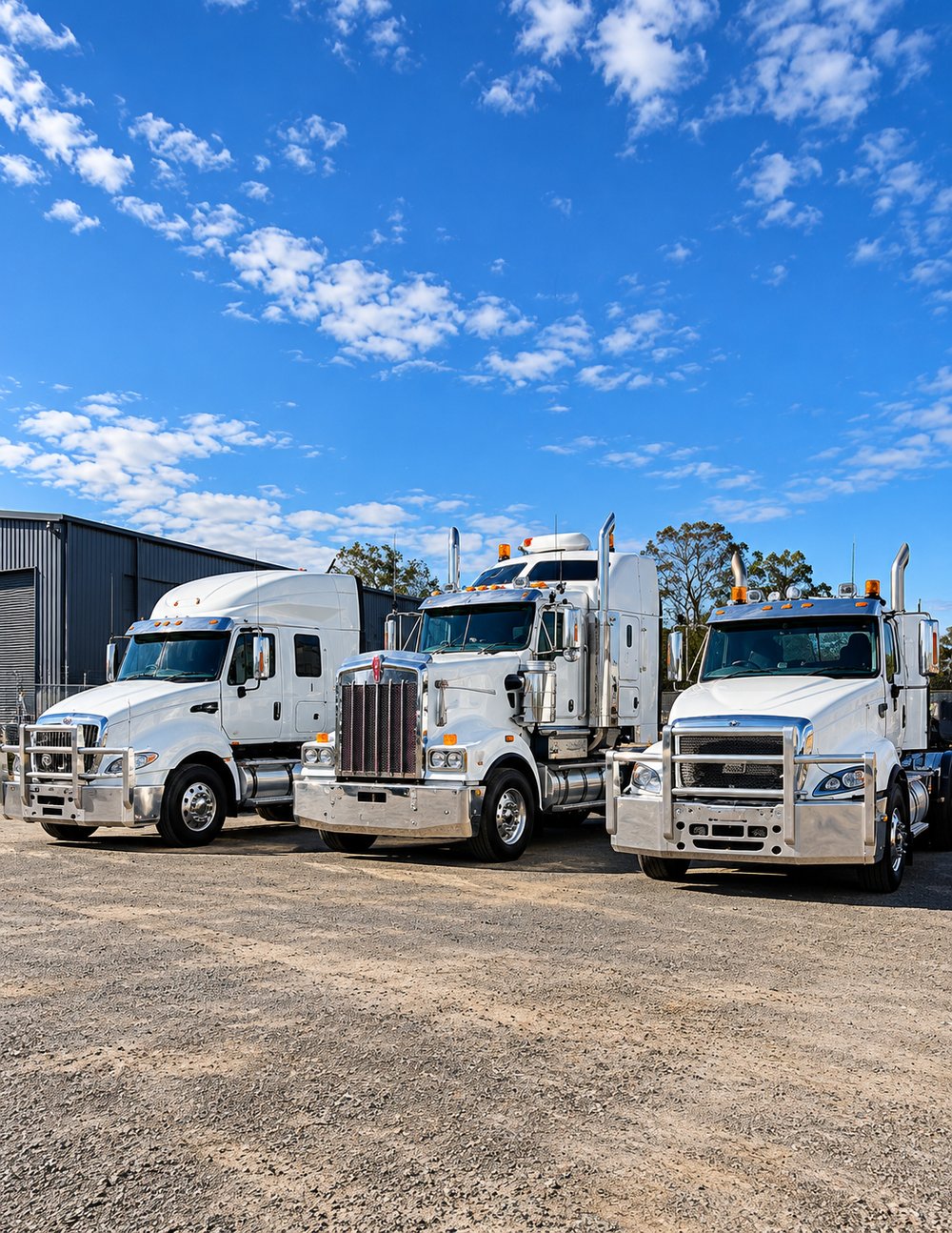 Line-up of white commercial trucks under blue skies