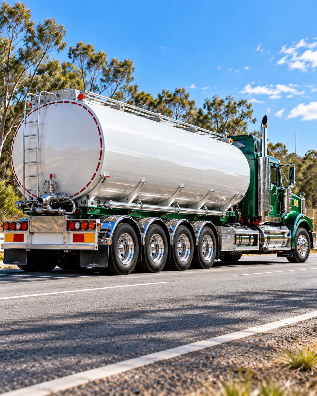 Green chrome tanker truck on a sunlit highway