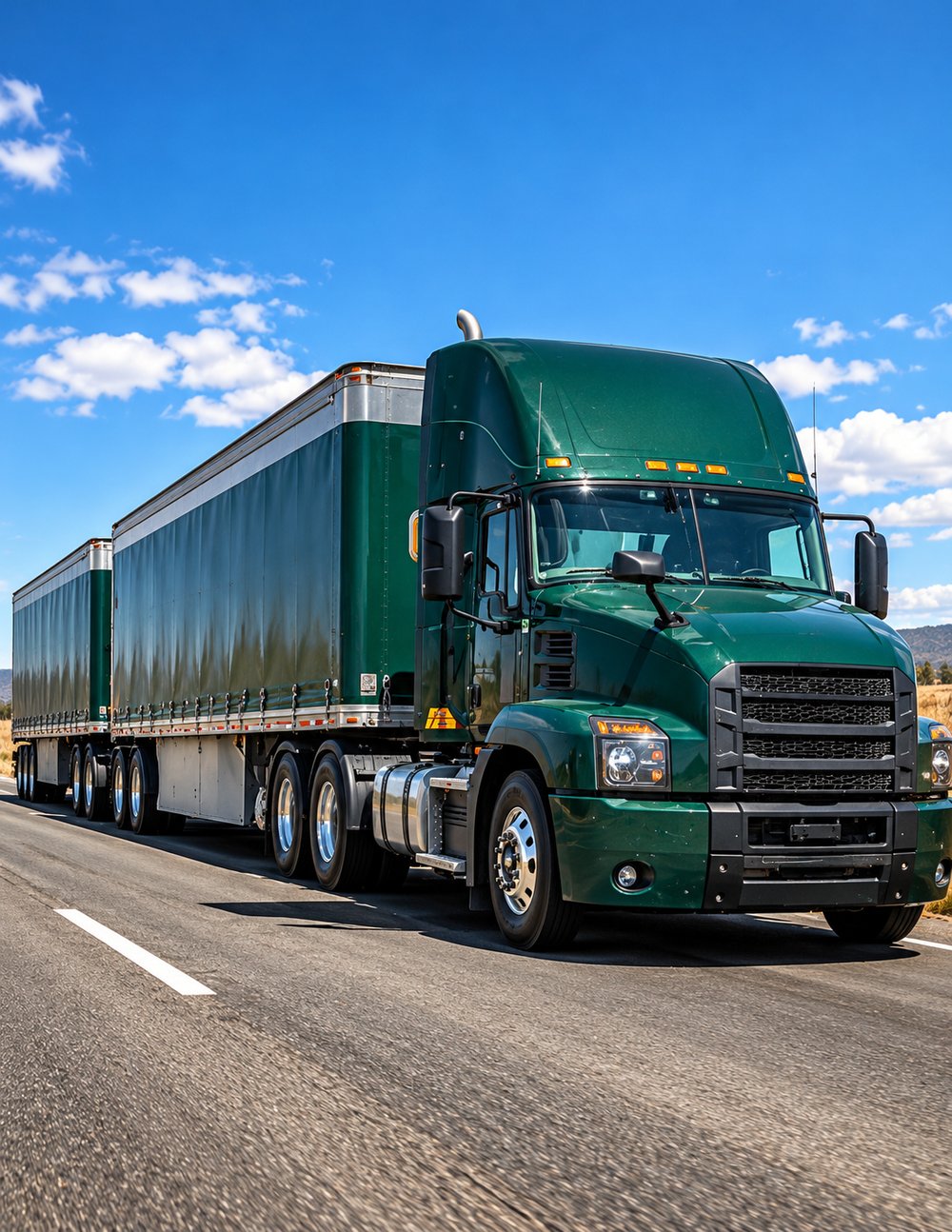 Green road train on an open highway