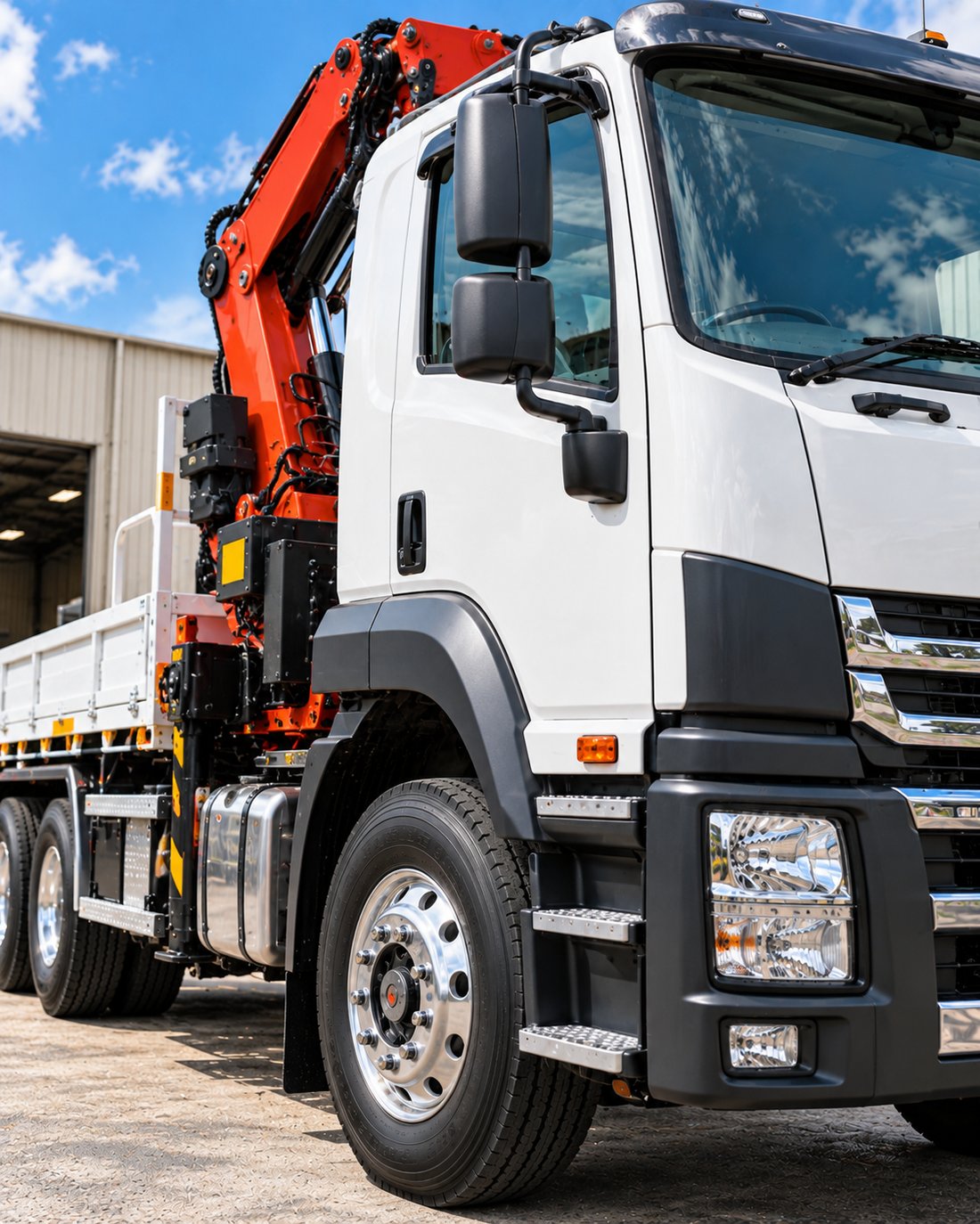Heavy-duty crane truck in an industrial yard