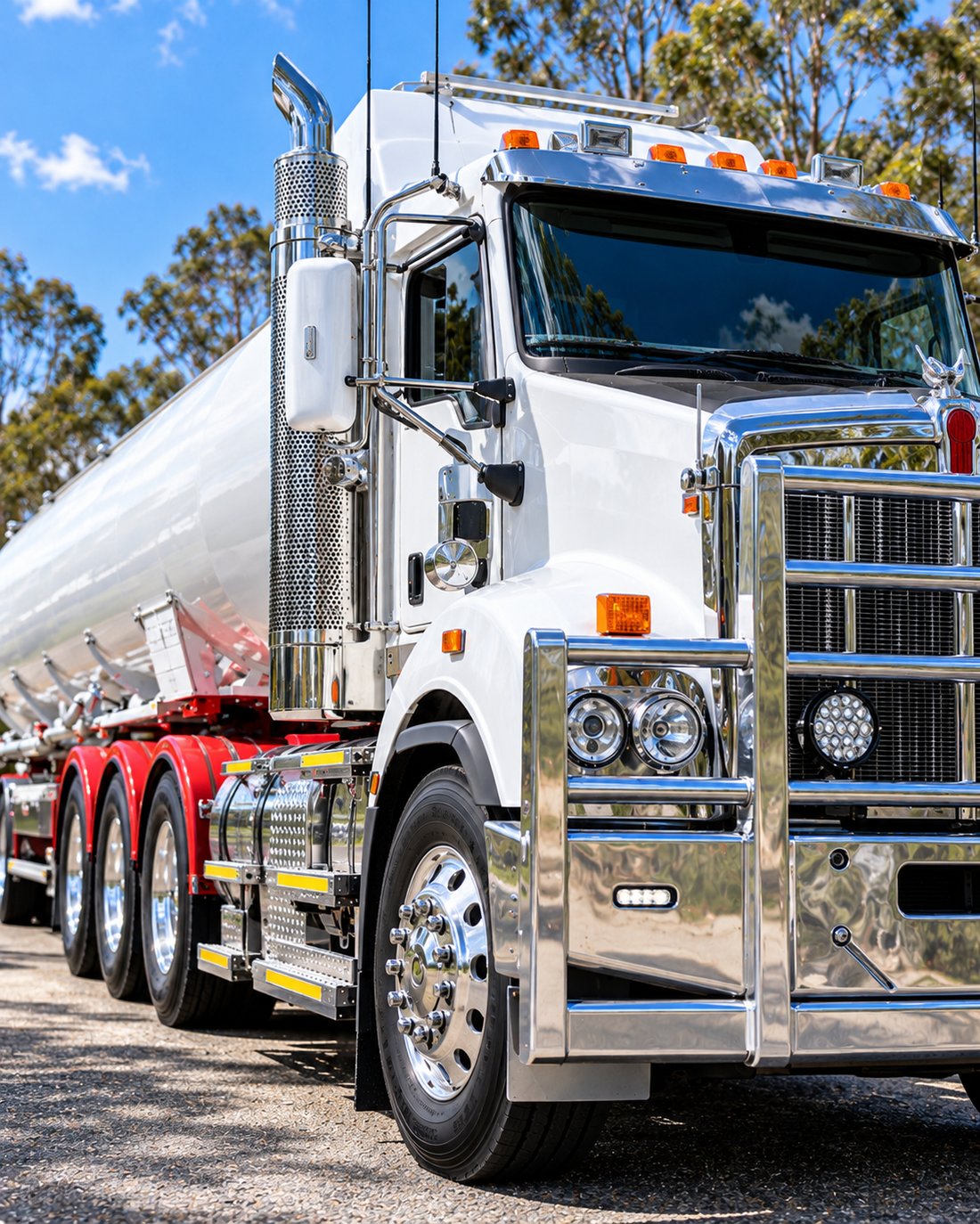 Polished chrome tanker truck in daylight