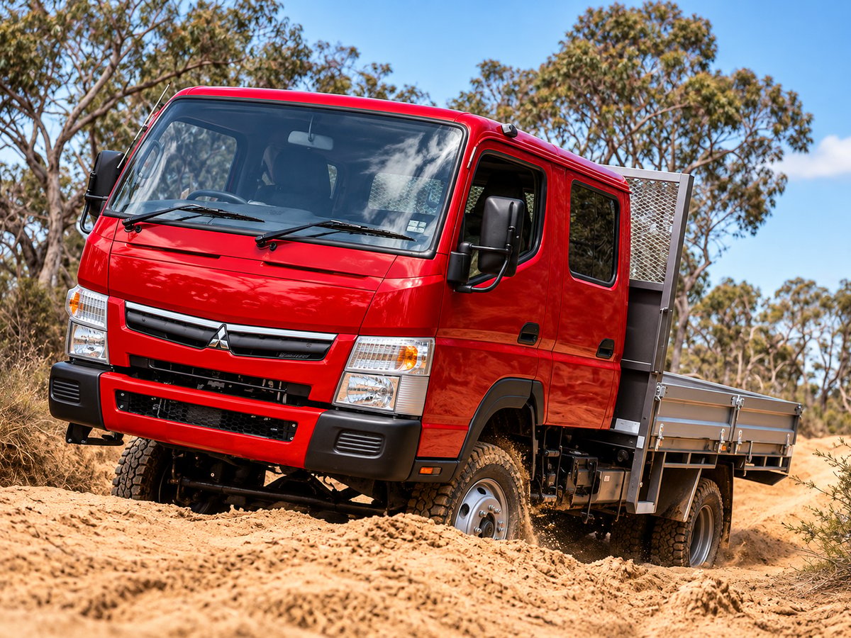 Red Fuso Canter 4x4 crew cab light truck with a dropside tray