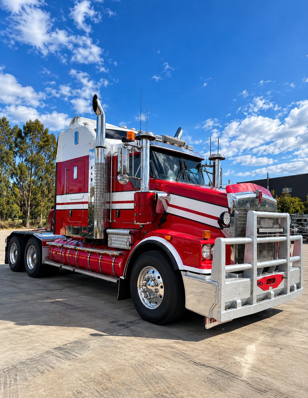 Red and white chrome semi-truck
