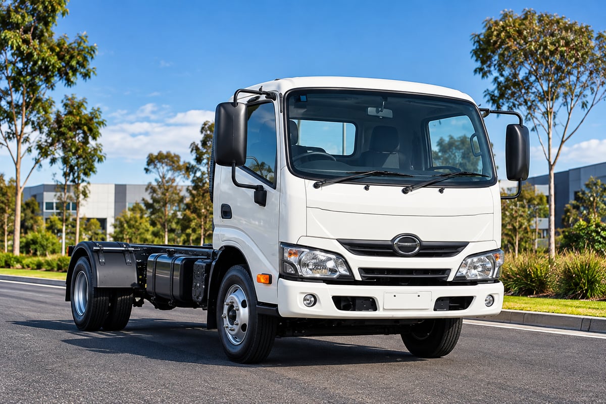 White cab chassis truck on an industrial road