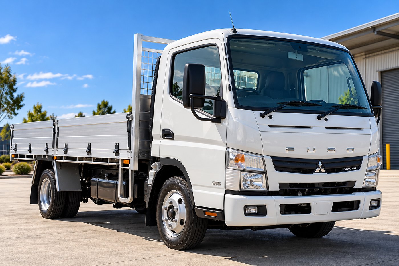 White Fuso Canter flatbed truck