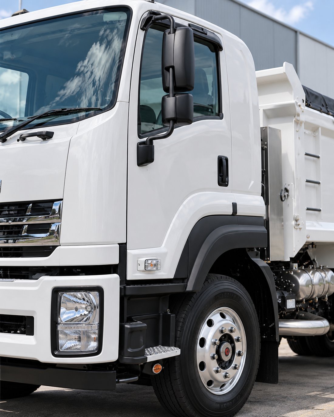 Close-up of a white heavy-duty tipper truck