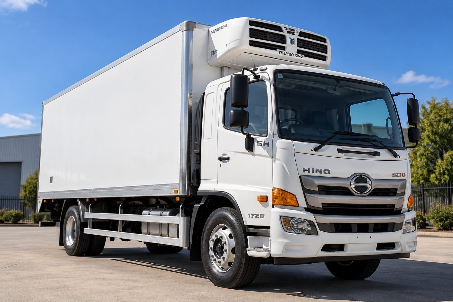 White Hino refrigerated truck in sunlight