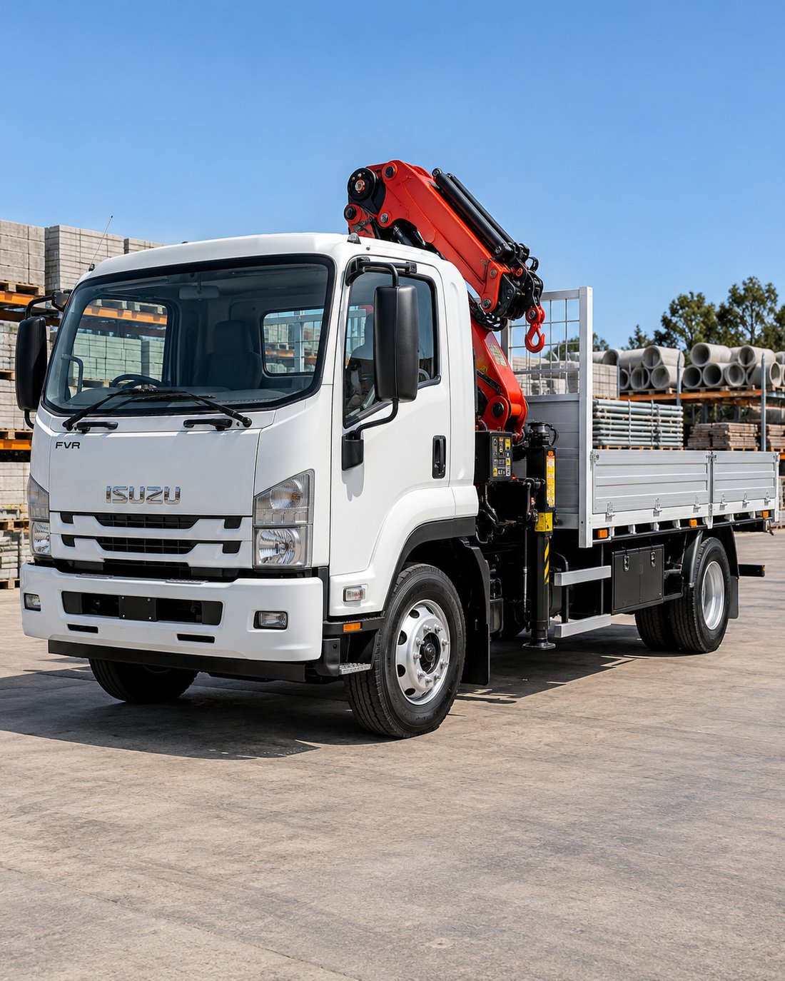 White Isuzu crane truck at a construction yard