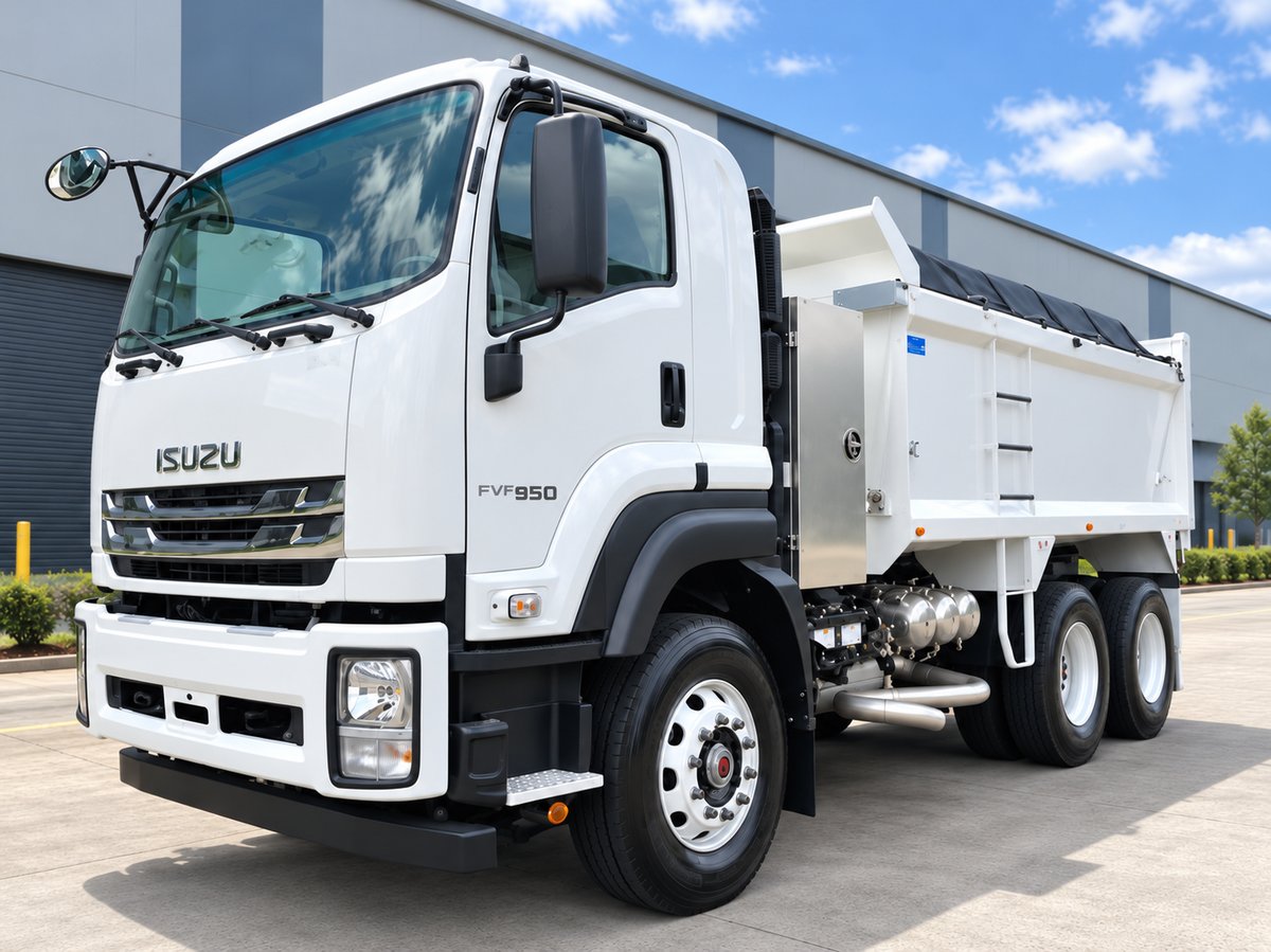 White Isuzu tipper truck in an industrial yard