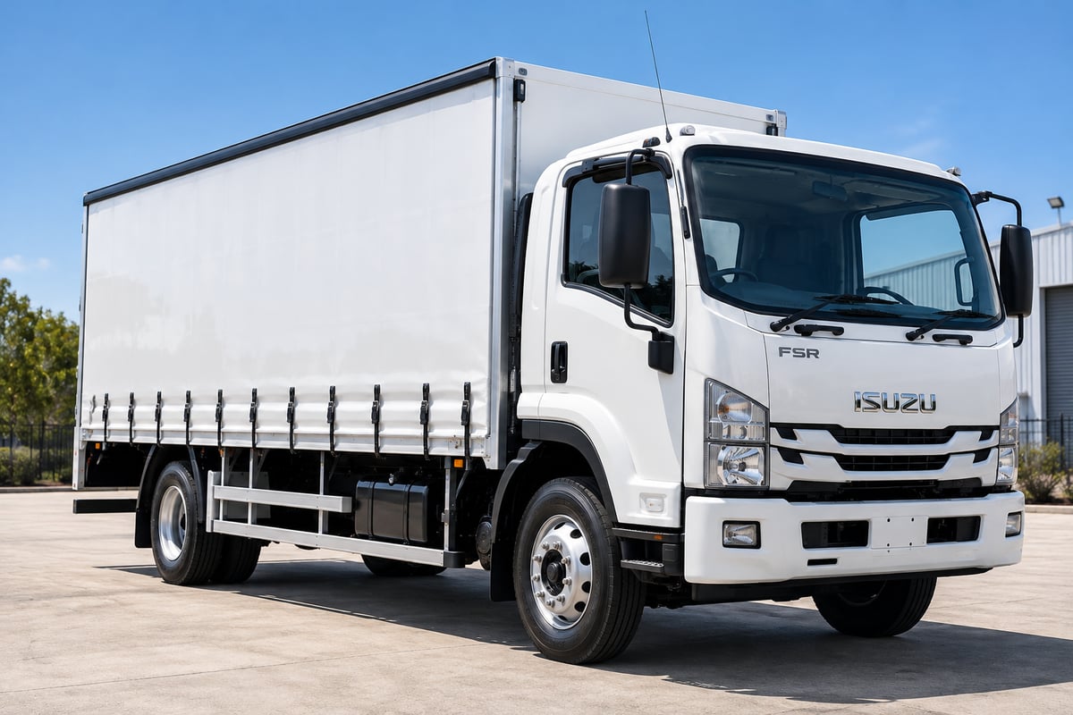 White Isuzu FSR truck in an industrial yard