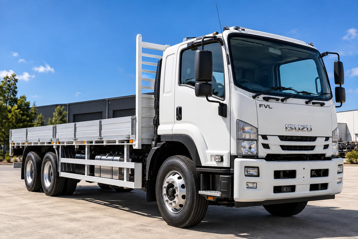 White Isuzu FVL flatbed truck financed by TAFS
