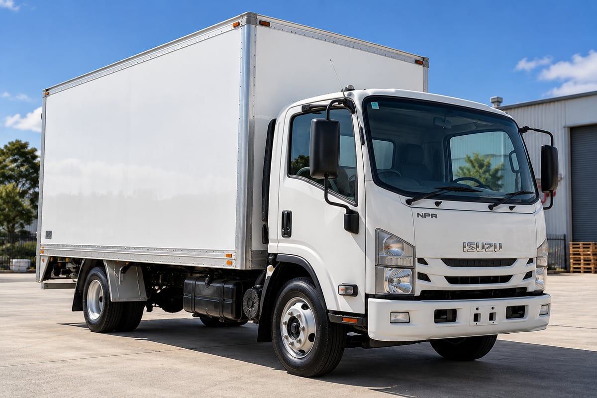 White Isuzu NPR pantech light truck in an industrial yard