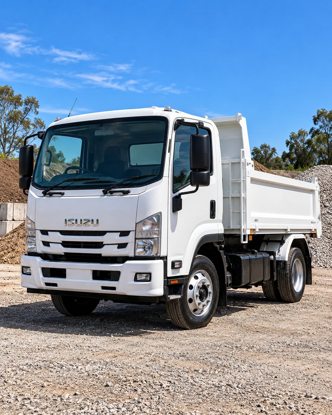 White Isuzu tipper truck at a construction yard