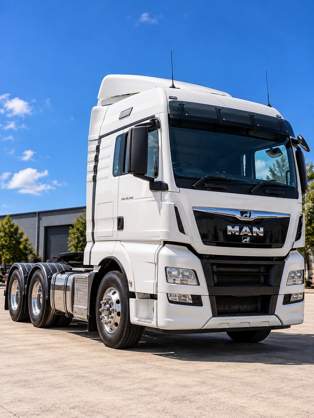 White MAN prime mover in a sunlit industrial yard