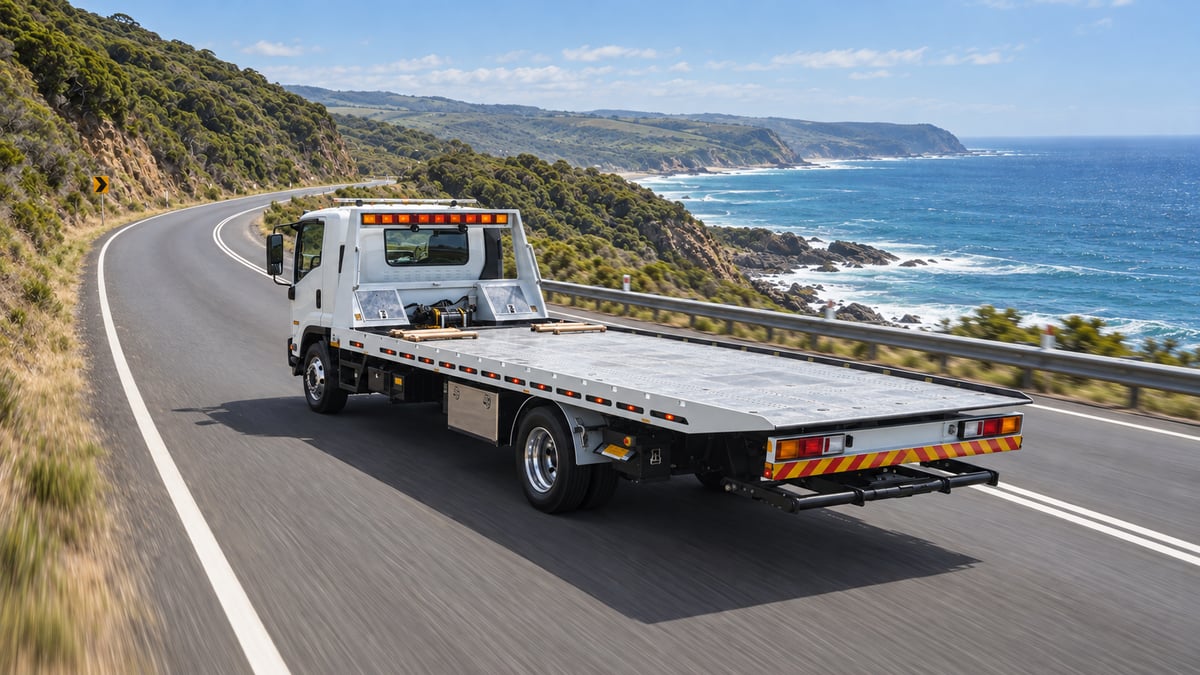 White tow truck on a coastal road